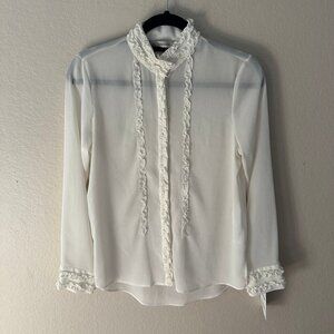 Zara Basic White Ruffles Button Down Long Sleeves Shirt Women's Small